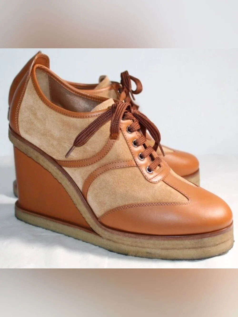 Celine Tan and Beige Wedge Lace-Up Heels